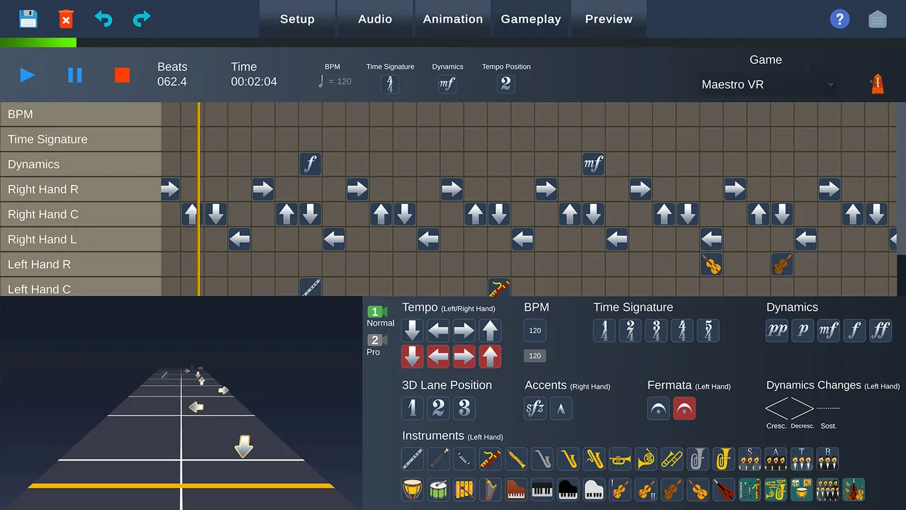 Gameplay tab: placing the conducting gestures on the timeline